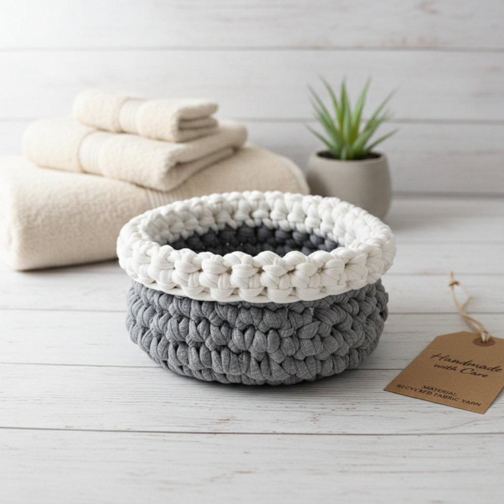 סלסלה קרושה בעבודת יד אפורה עם פס לבן