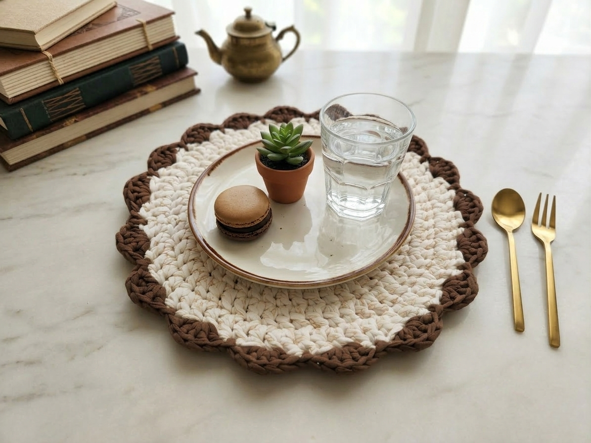 תחתית דקורטיבית סרוגה בעבודת יד – דגם "קקאו ושמנת